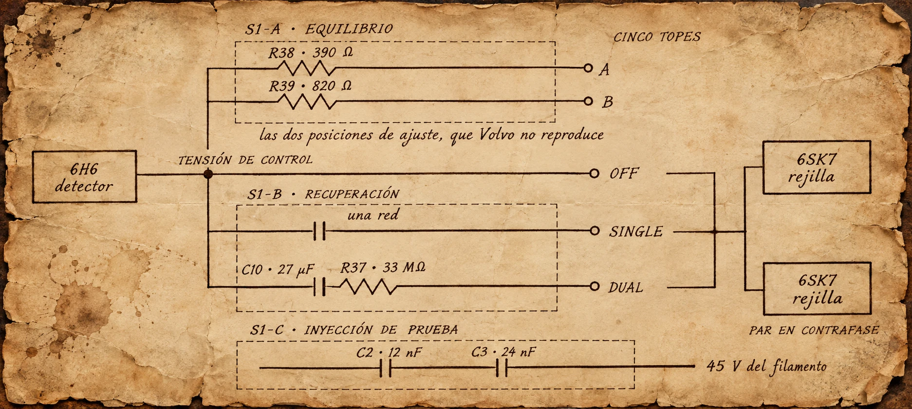 Drawing of the BA-6A five-position switch and its three decks, on aged paper